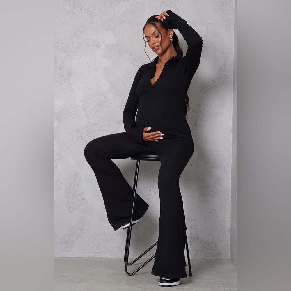 Maternity Black Ribbed Collar Long Sleeve Jumpsuit